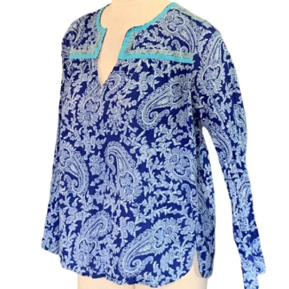 J Crew V-Neck Cotton Tunic‎ Top BOHO Paisley Embroidered S Blue #352J